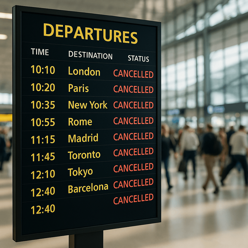 Flight Cancellations – Stay Flexible with Our Free Cancellation Policyghts Departure board at airport showing multiple cancelled flights — symbol of flexible travel and free cancellation