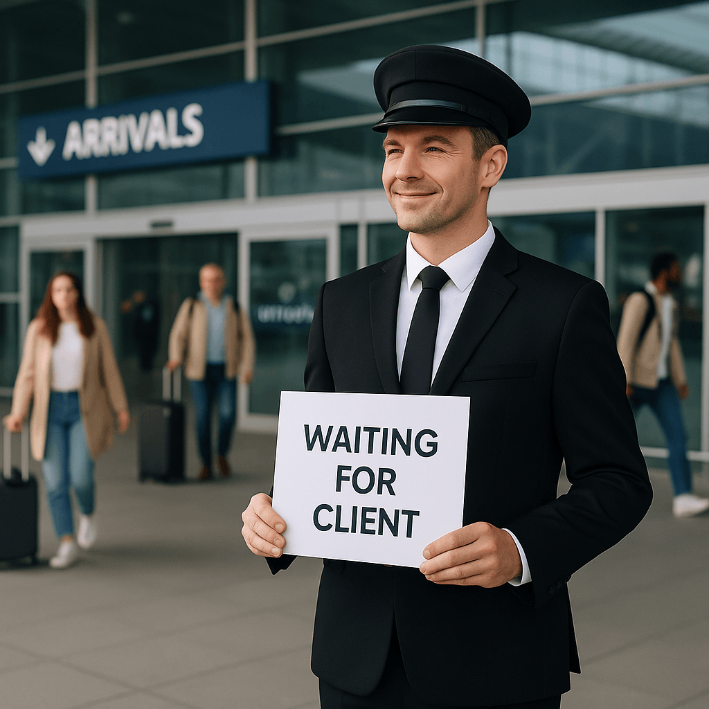 Meet & Greet Service – Chauffeur Waiting at Airport Arrivals Chauffeur at airport arrivals holding a ‘Waiting for Client’ sign — meet and greet airport transfer service