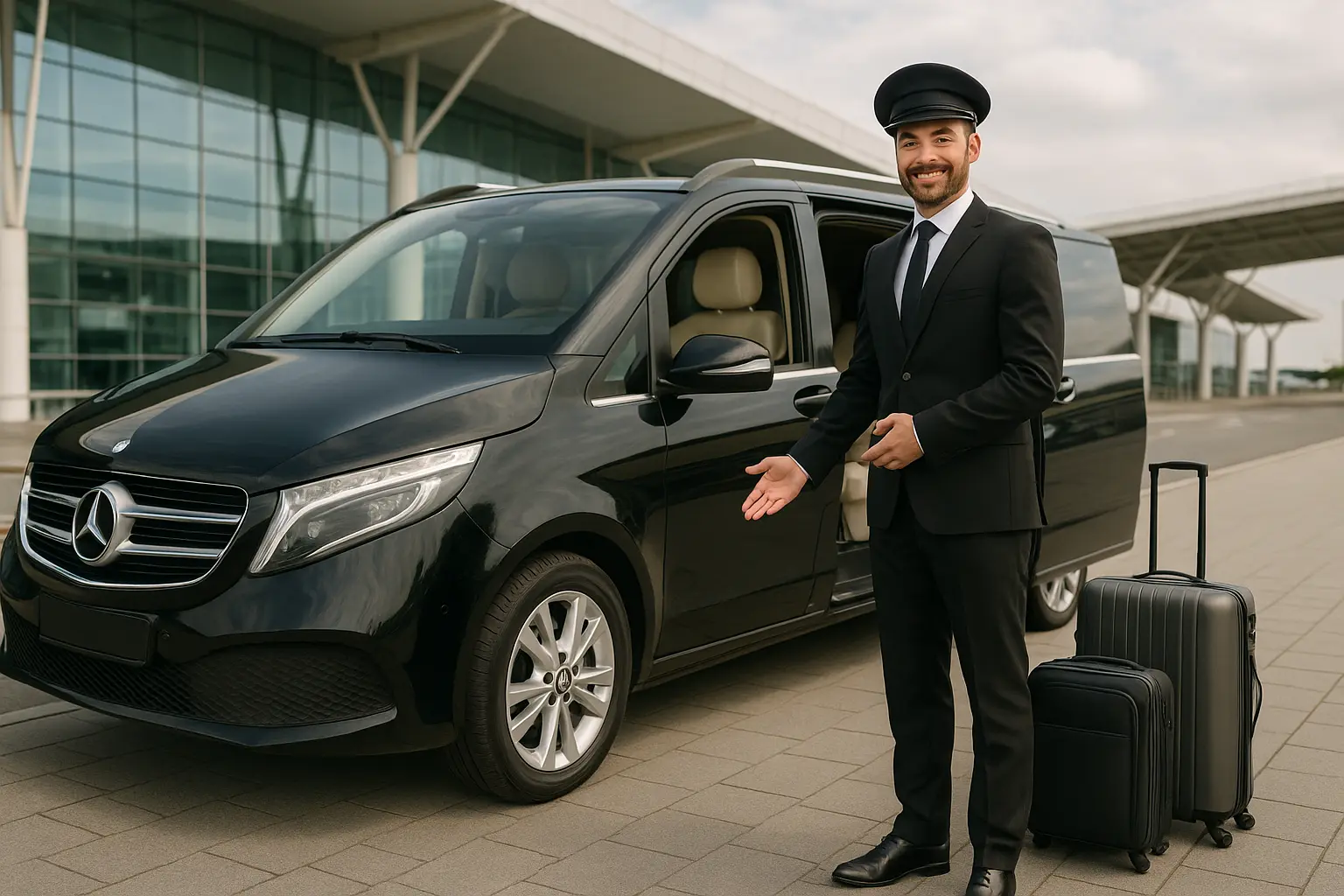 Executive Airport Transfer with Professional Chauffeur Professional chauffeur standing beside luxury black van at airport with luggage — airport transfer service