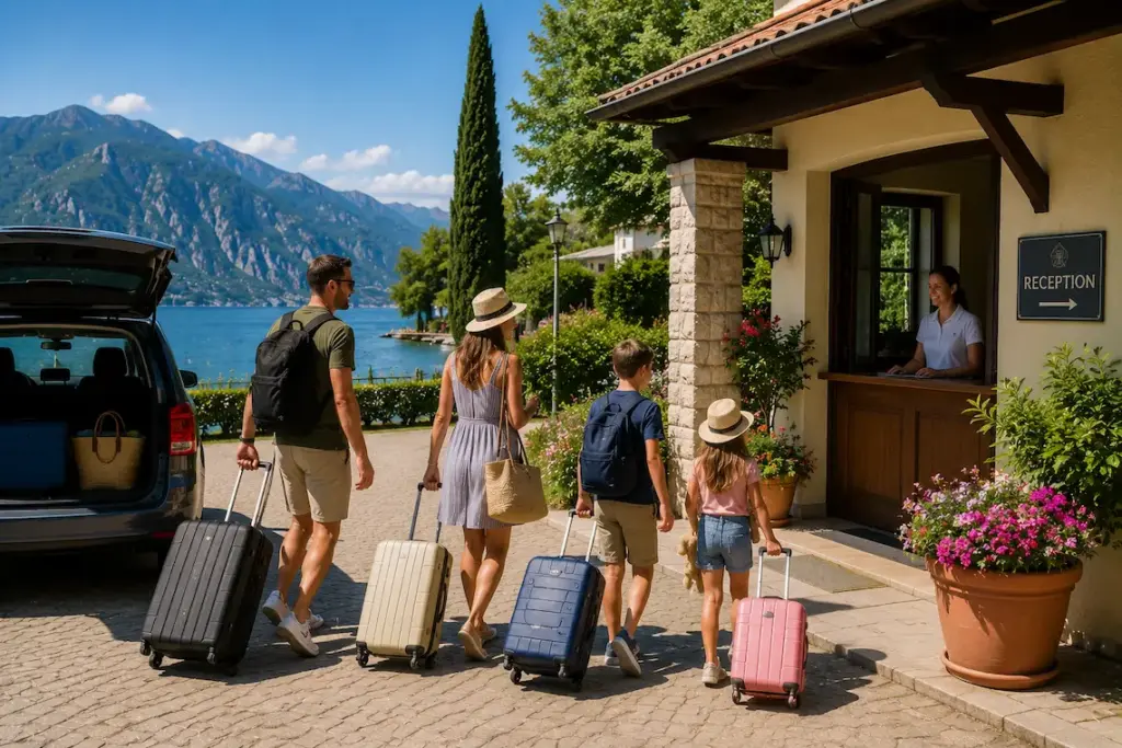 Lake Garda Family Accommodation Family arriving with luggage at Lake Garda holiday accommodation