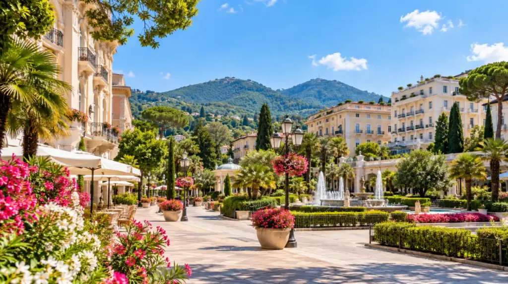 Flower-lined square and spa hotels in Abano Terme