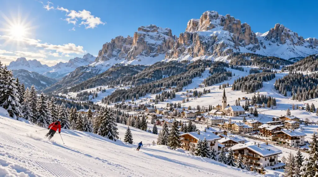 Snowy alpine landscape and ski slopes in Alta Badia