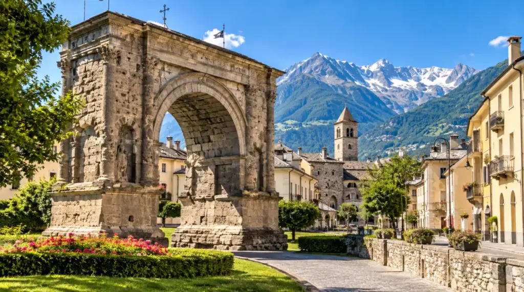 Roman arch and alpine mountain backdrop in Aosta