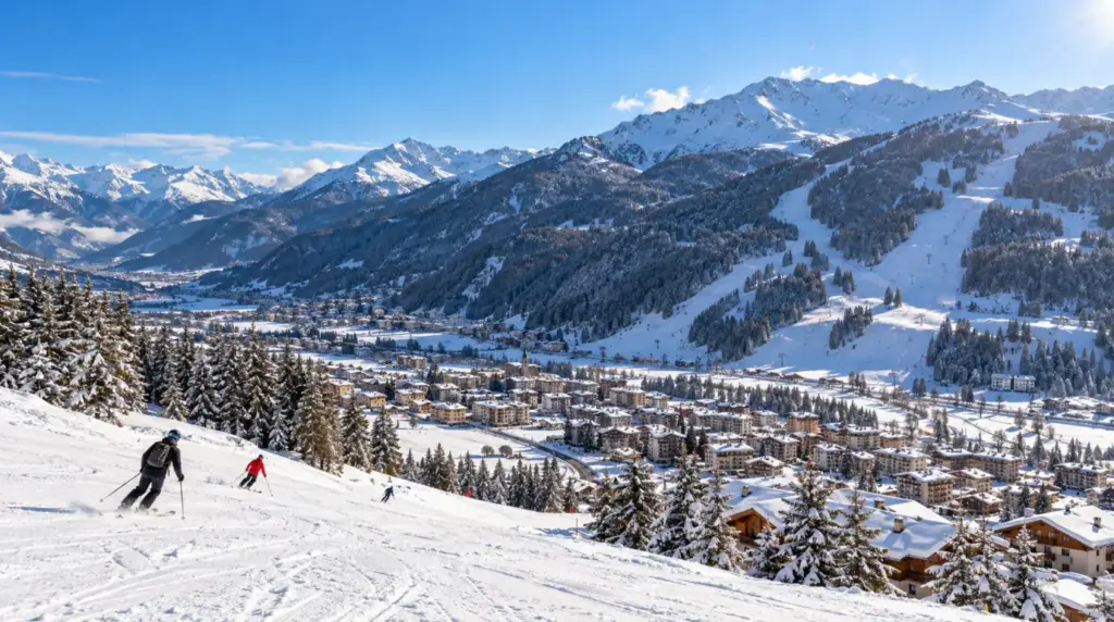 Snowy alpine landscape and ski slopes in Aprica