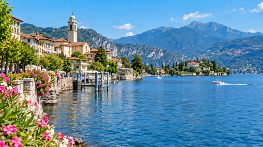 Widok na jezioro Baveno z górami w tle