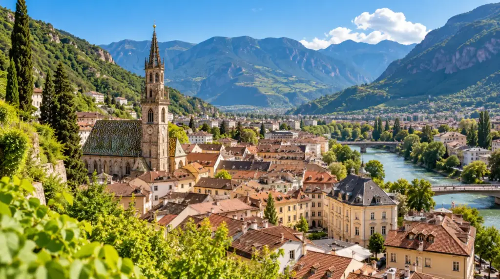Bolzano Bolzanos tak och berg i bakgrunden