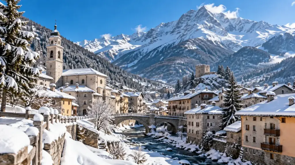 Bormio Snowy alpine landscape and ski slopes in Bormio