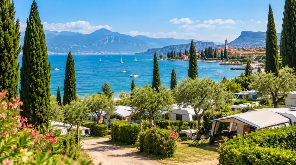 Τοπίο κάμπινγκ δίπλα στη λίμνη στο Camping Cisano στη λίμνη Garda