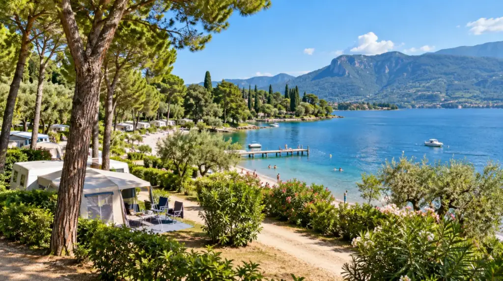 Lakeside camping scenery at Camping Europa Silvella on Lake Garda