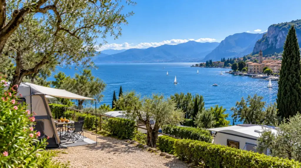 Kamp La Rocca Garda Gölü kıyısındaki Camping La Rocca'da göl manzaralı kamp alanı.