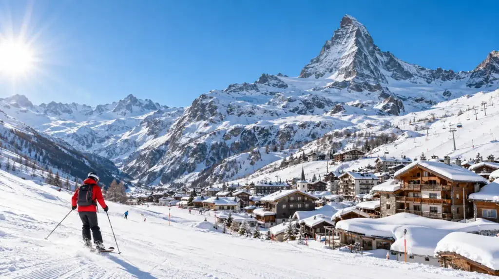 Snowy alpine landscape and ski slopes in Cervinia