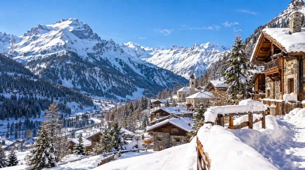 Paisagem alpina nevada e pistas de esqui em Champoluc