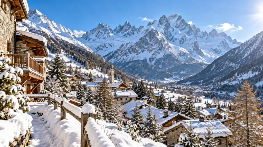 Courmayeur Snowy alpine landscape and ski slopes in Courmayeur