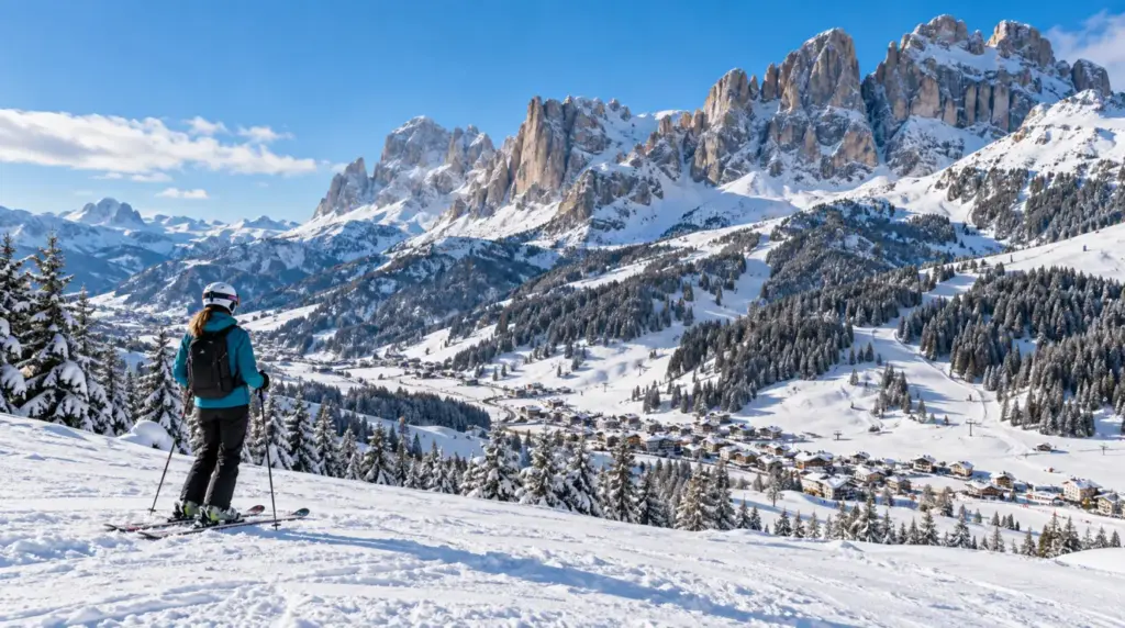 Snowy alpine landscape and ski slopes in Fassa Valley
