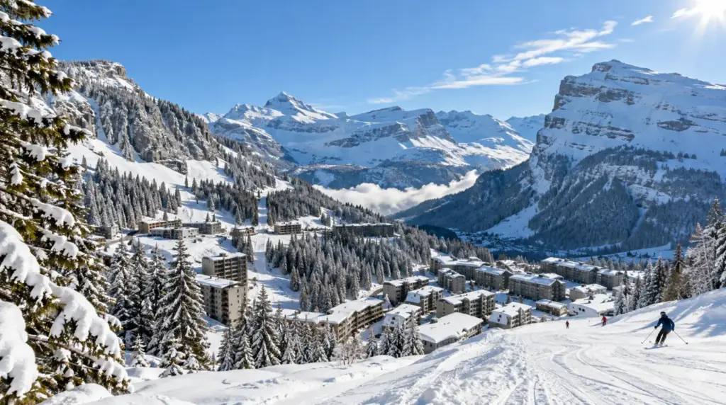 Flaine Snowy alpine landscape and ski slopes in Flaine