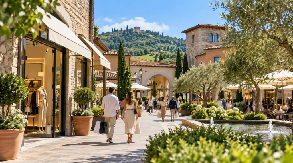 Outdoor shopping area at Franciacorta Outlet Village
