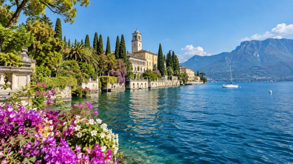 Lakeside view of Gardone Riviera with mountains in the background