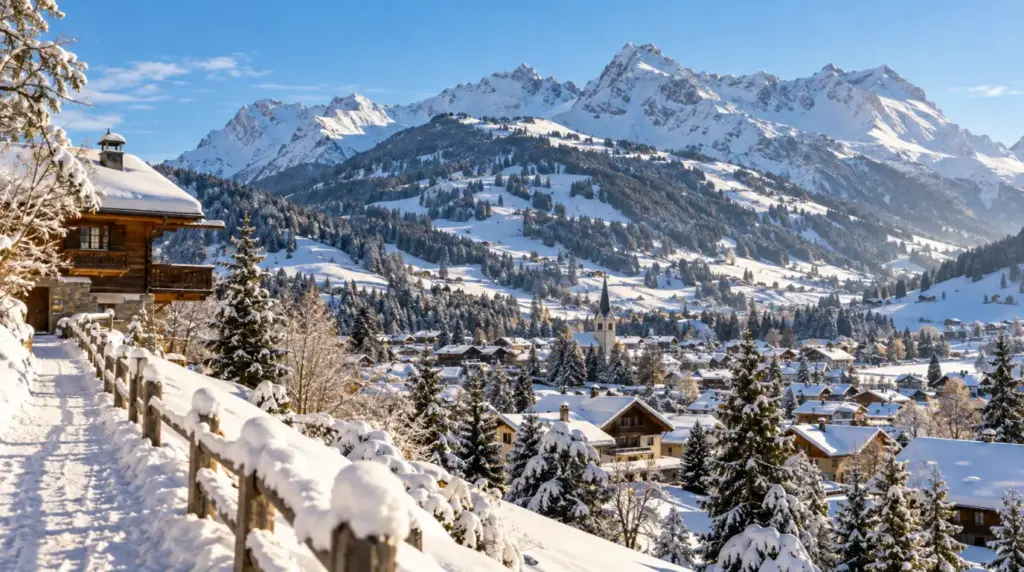 Gstaad Paisagem alpina nevada e pistas de esqui em Gstaad