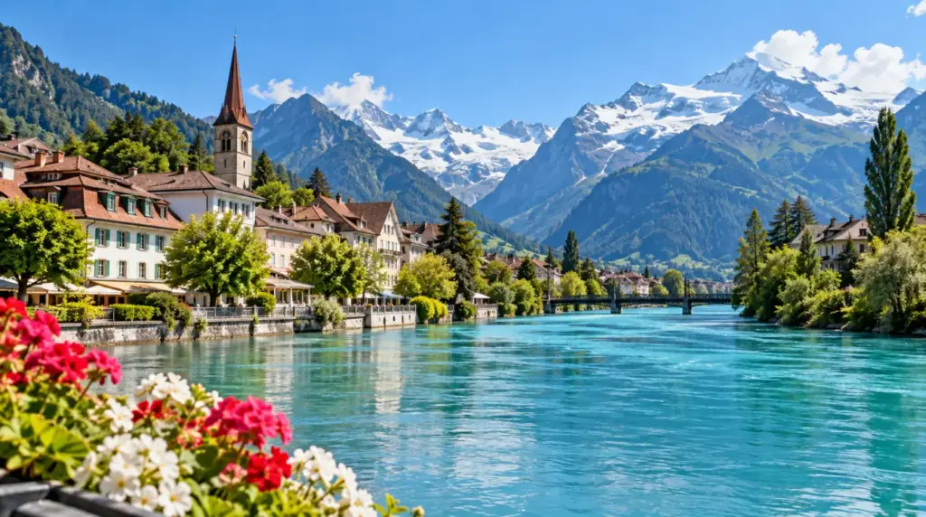 Interlaken lakeside with alpine mountains