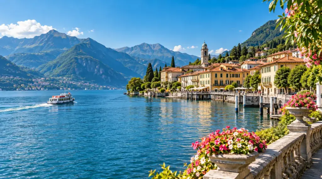 Lake Como Lakeside view of Lake Como with mountains in the background