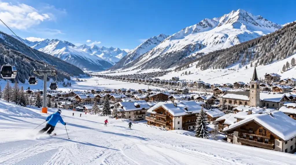 Snowy alpine landscape and ski slopes in Livigno
