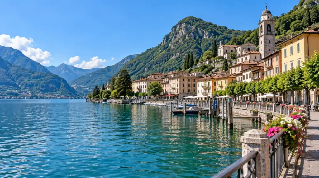 Lakeside view of Lovere with mountains in the background
