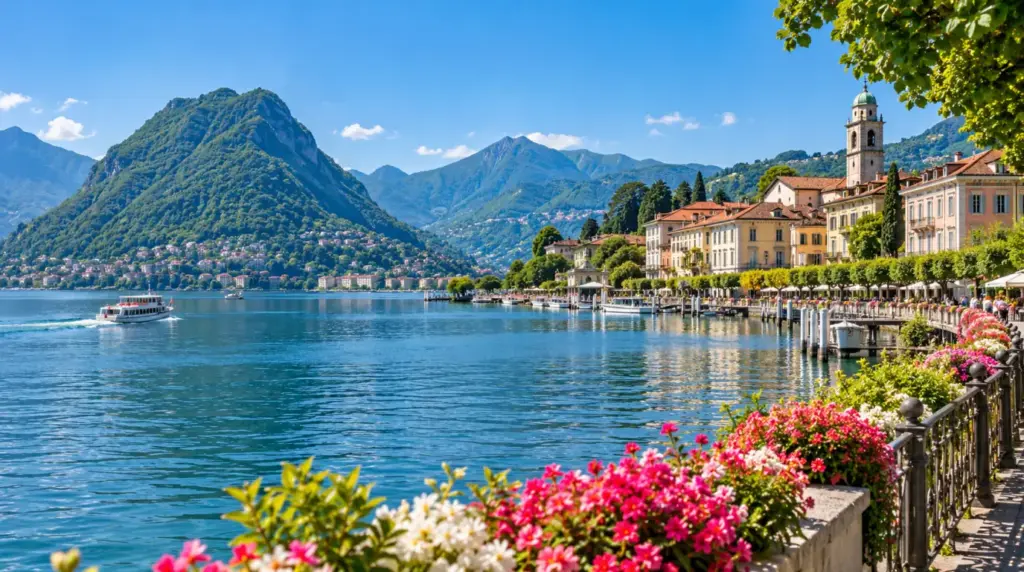 Sjöutsikt över Lugano med berg i bakgrunden