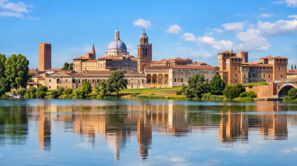 A histórica Mântua refletida na água.