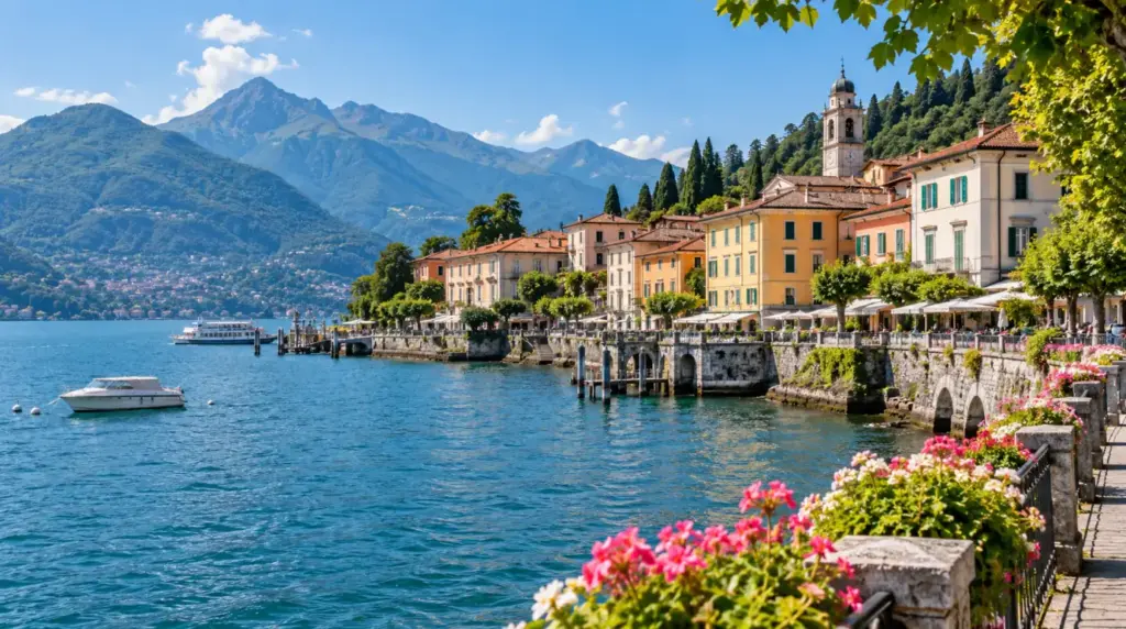 Lakeside view of Menaggio with mountains in the background