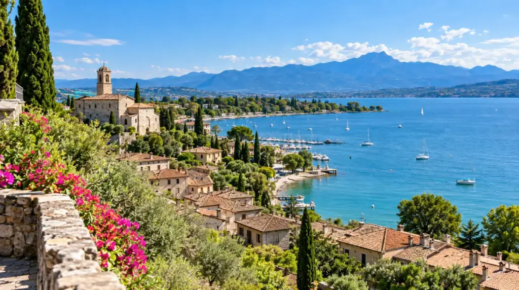 Vista do lago Moniga del Garda com montanhas ao fundo.