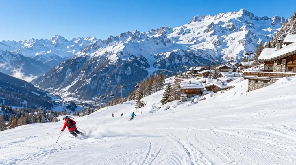 Snowy alpine landscape and ski slopes in Monterosa Ski
