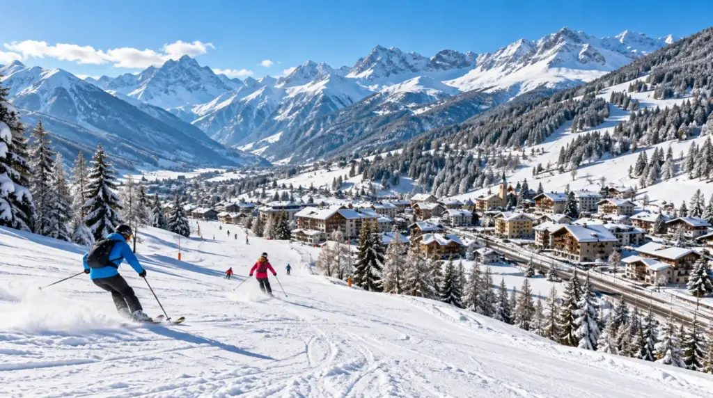 Snowy alpine landscape and ski slopes in Oulx Ski