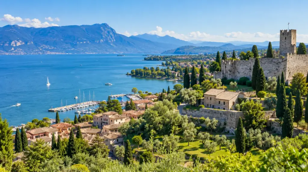 Vista do lago em Padenghe sul Garda com montanhas ao fundo.