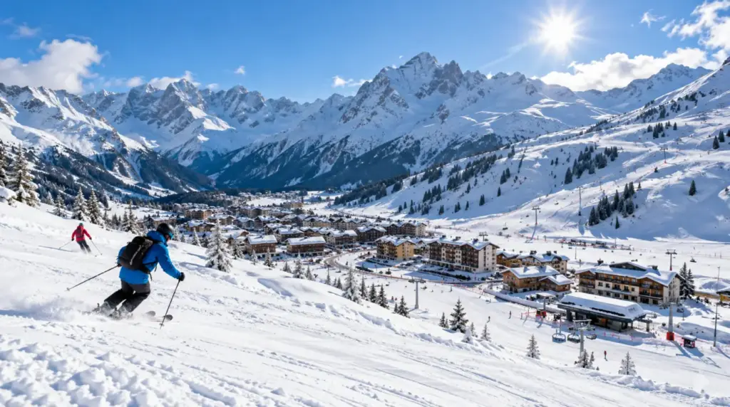 Snöigt alplandskap och skidbackar i Passo Tonale