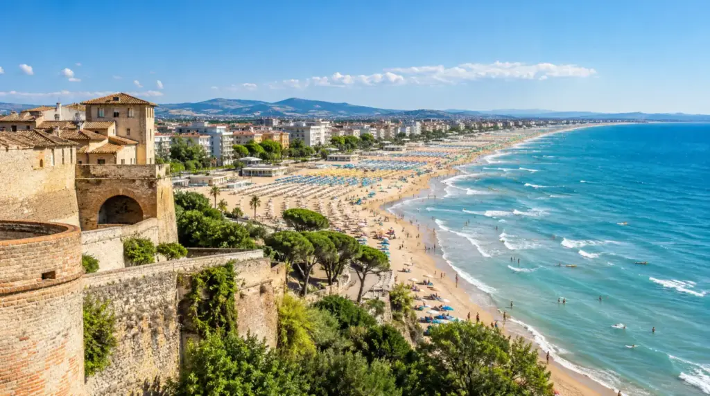 Vista ensolarada da costa de Rimini