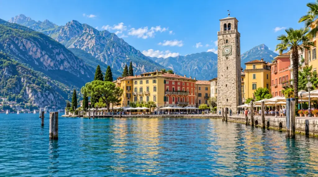 Vista do Lago de Garda com as montanhas ao fundo.