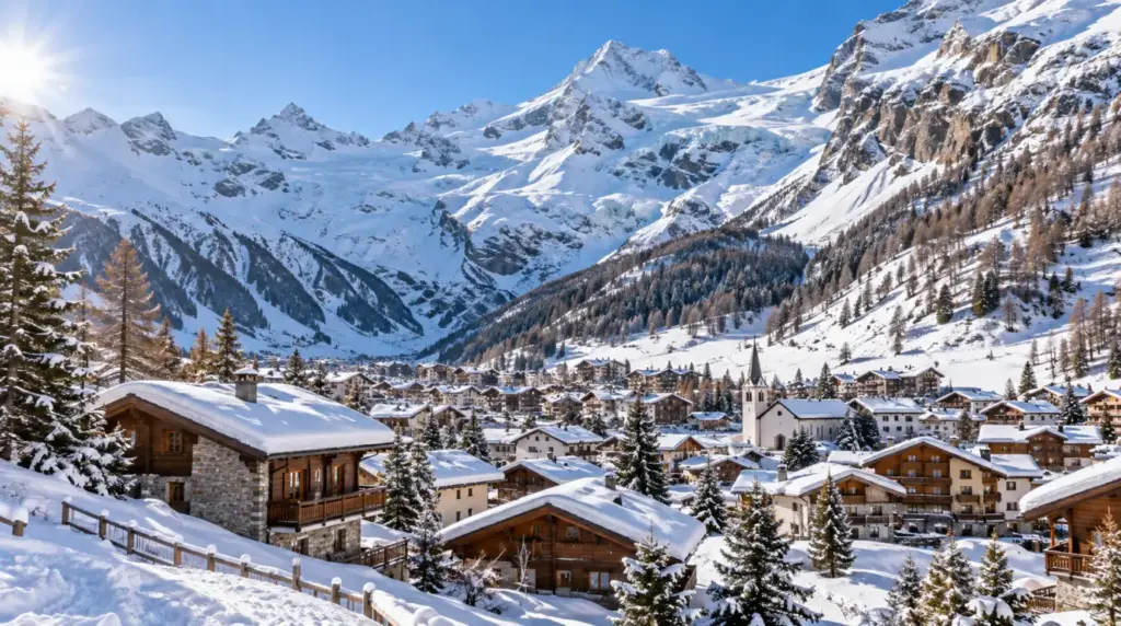 Luminen alppimaisema ja hiihtolatuja Saas-Fee'ssa