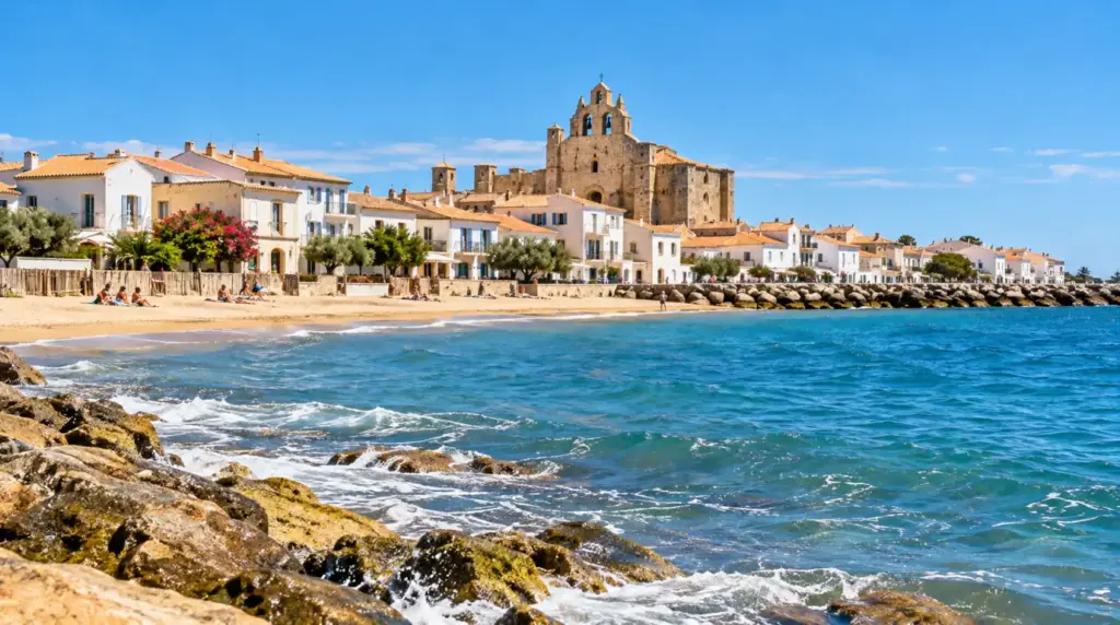 Sunny coastal view of Saintes-Maries-de-la-Mer