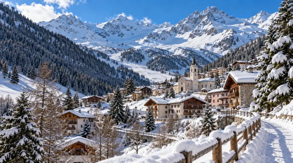 Snowy alpine landscape and ski slopes in Santa Caterina di Valfurva