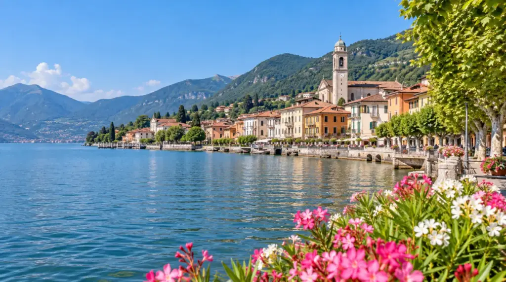 Lakeside view of Sarnico with mountains in the background