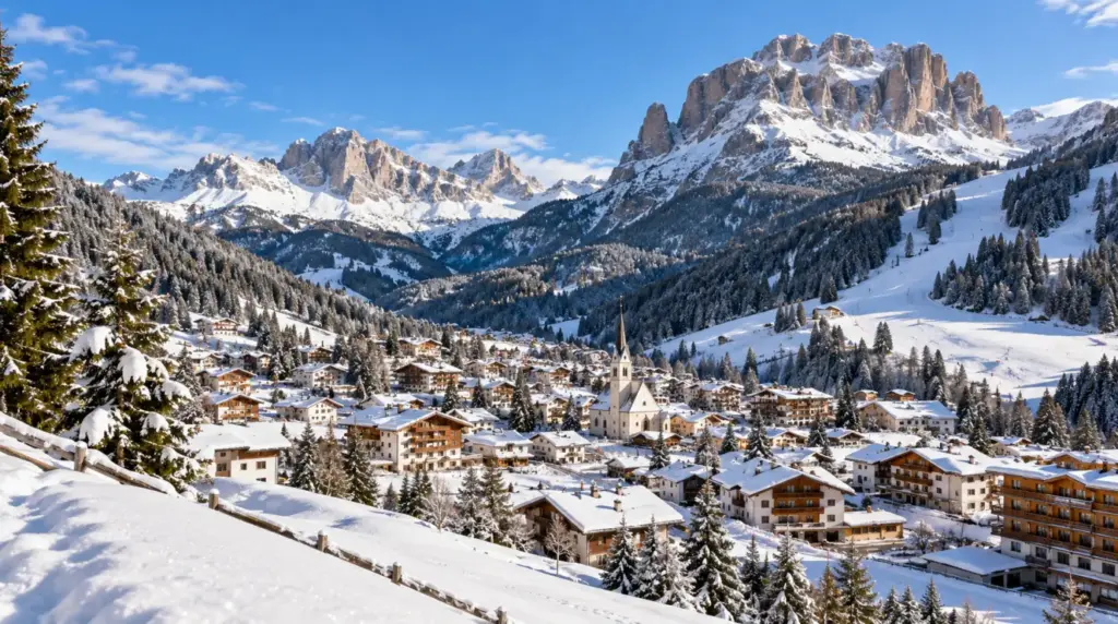 Selva di Val Gardena Snowy alpine landscape and ski slopes in Selva di Val Gardena