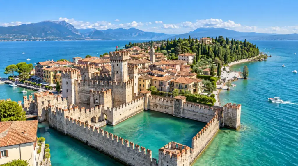 Arka planda dağların bulunduğu Sirmione gölünün manzarası.