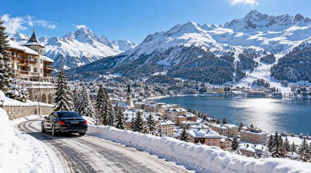 St. Moritz Winter road and snowy mountains near St. Moritz