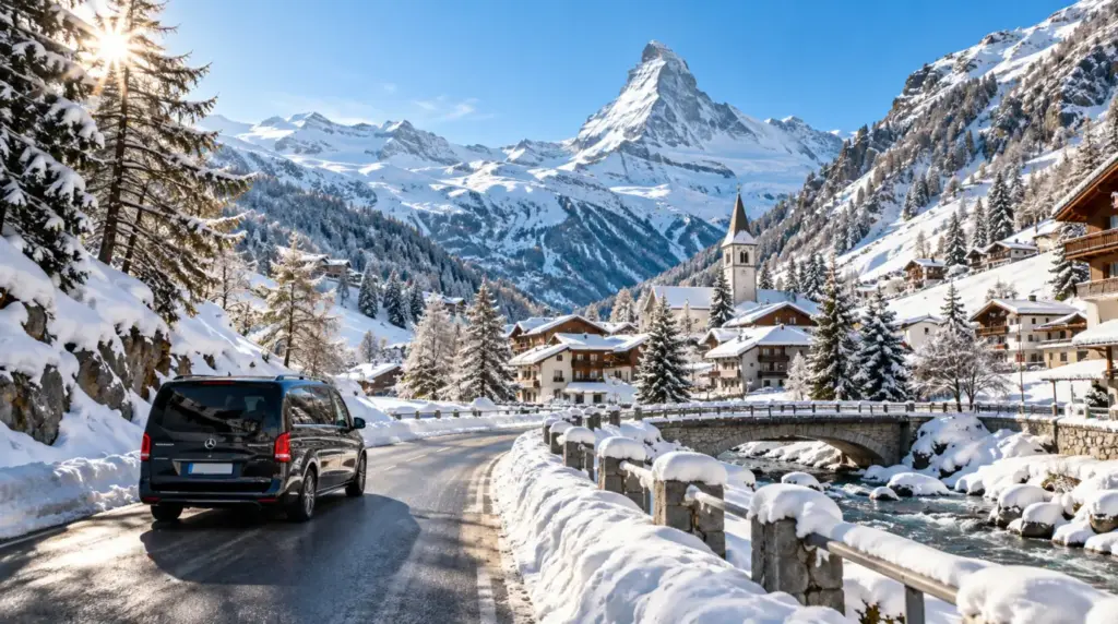 Winter road and snowy mountain village near Täsch