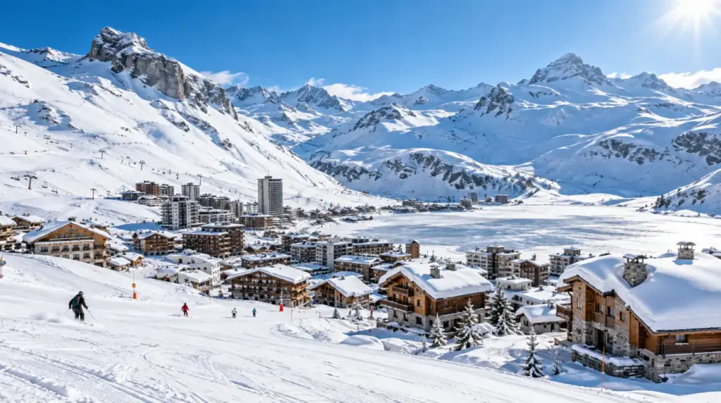 Snowy alpine landscape and ski slopes in Tignes
