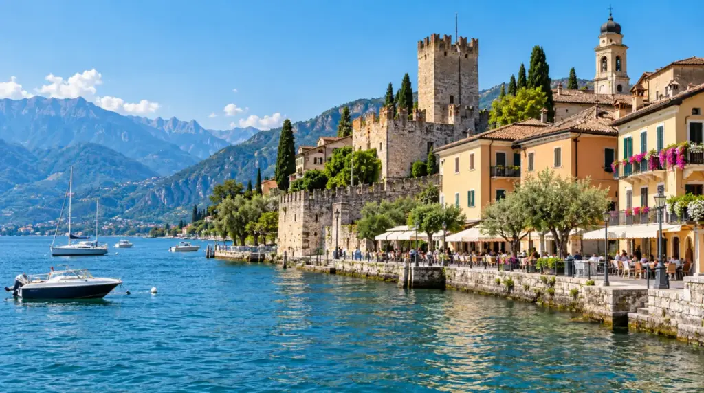 Malcesine Vista do lago em Torri del Benaco com montanhas ao fundo.