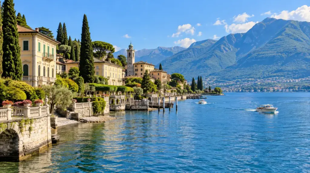 Lakeside view of Tremezzo with mountains in the background
