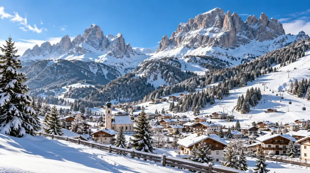 Val Gardena Snødekt alpint landskap og skiløyper i Val Gardena