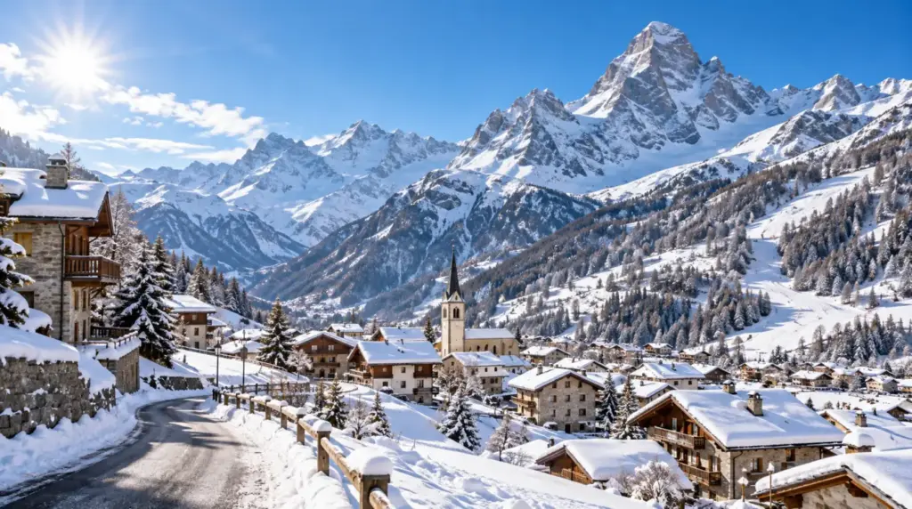 Valtournenche Заснеженный альпийский пейзаж и горнолыжные склоны в Вальтурненче.