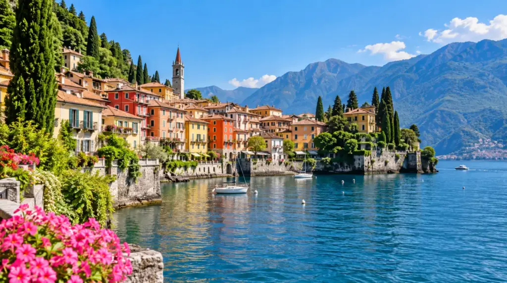 Varenna gölünün, arka planda dağlarla birlikte görünen manzarası.